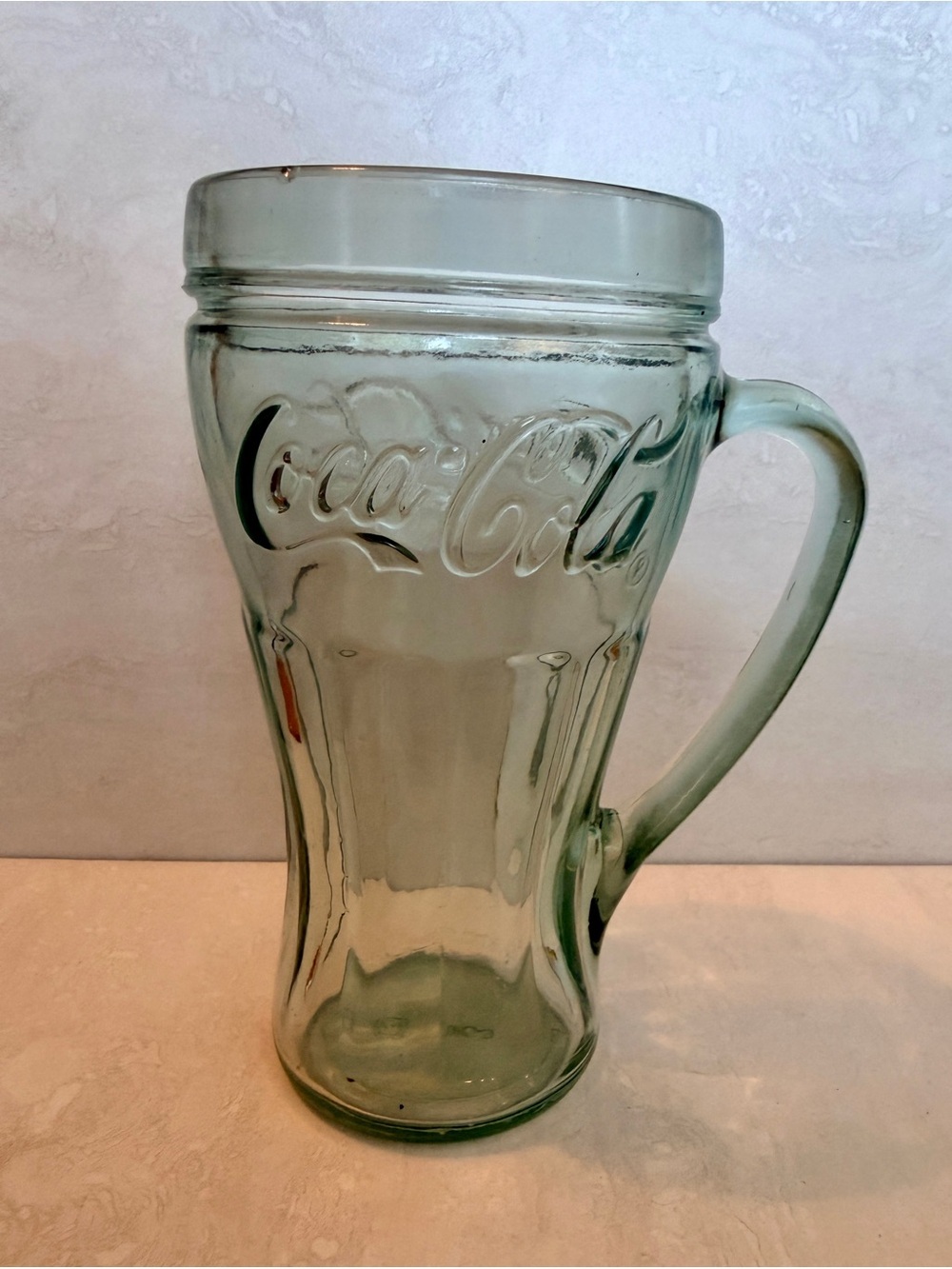 Coca Cola 6.5” Light Green Water Drinking Glass Mug with Handle Unique